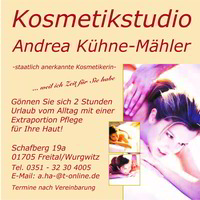 Ein Werbeplakat mit Bildern einer jungen Frau, die massiert wird. Daneben sind prominent der Name, Werbspruch, Öffnungszeiten und die Adresse des Kosmetikstudios gedruckt.