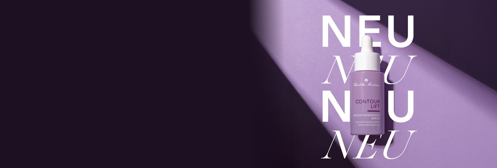 Das Contour Lift Rekonturierende Serum in einer lila Flasche mit weißer Pipette auf Hintergrund, auf dem "Neu" steht.