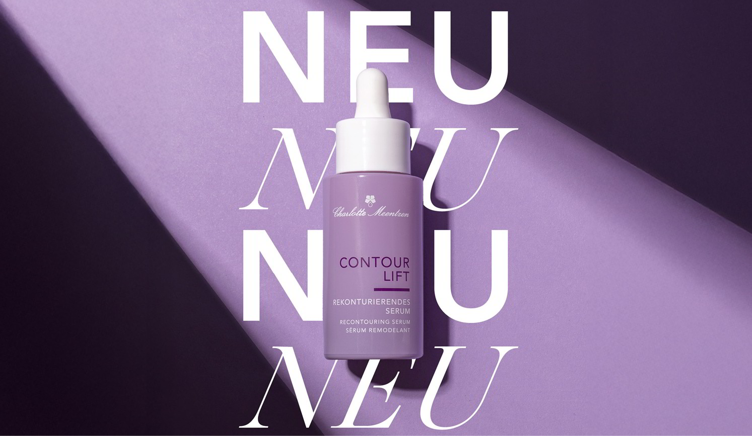 Das Contour Lift Rekonturierende Serum in einer lila Flasche mit weißer Pipette auf Hintergrund, auf dem "Neu" steht.