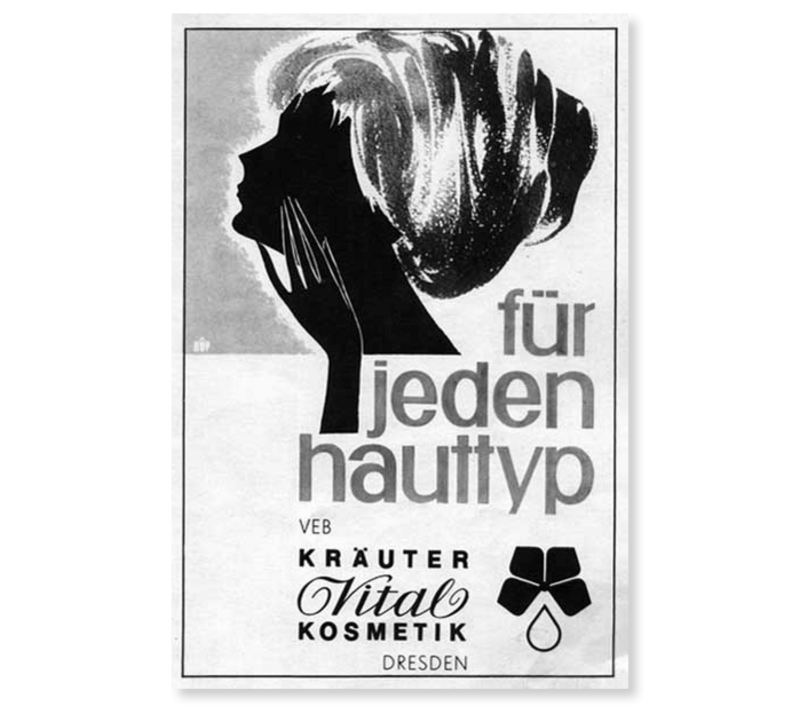 Ein schwarz-weiß-Plakat aus den Zeiten des VEB Kräutervital Kosmetik Dresden mit einem stilisierten Frauenkopf und der Plakatüberschrift "für jeden Hauttyp".